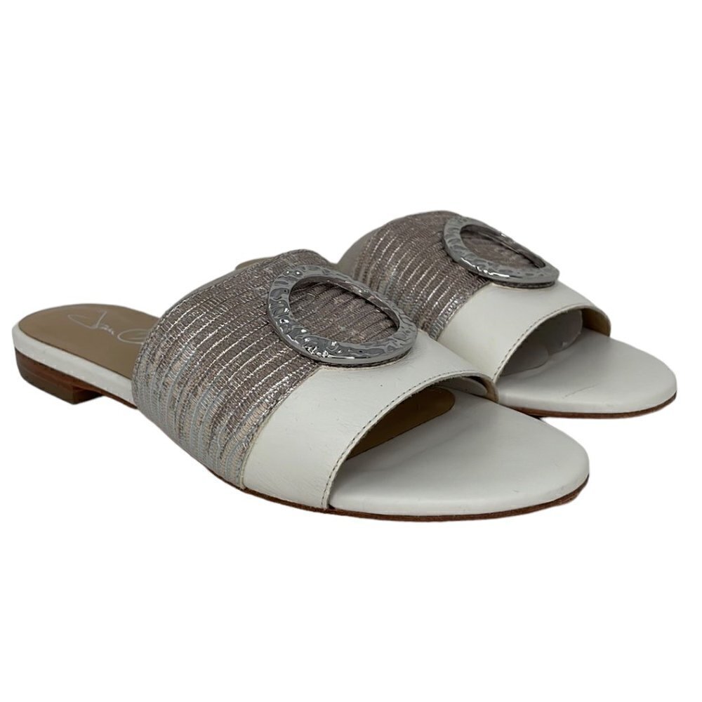 Joan Oloff Sandals Flats White Leather Silver Buckle Size 6.5